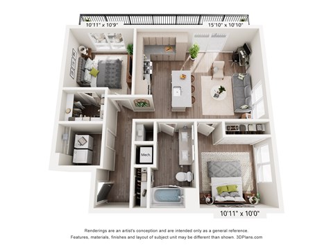 Floor plan for 2 beds, 1 bath, 952 sqft